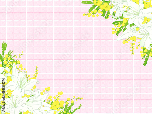 ゆりとミモザの背景③ななめ_ピンクタイル