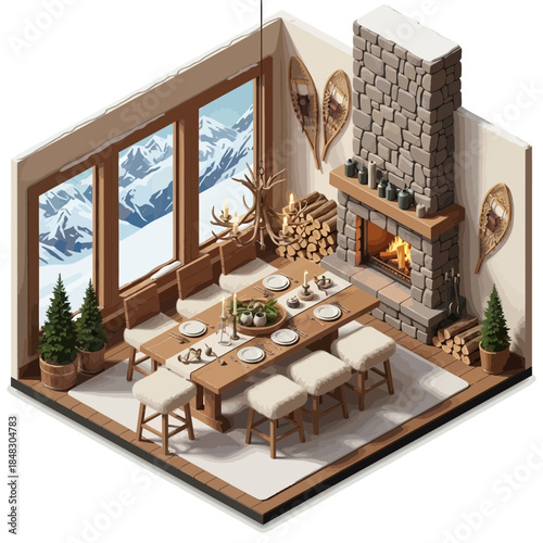 Cozy mountain cabin dining area with large windows and a stone fireplace