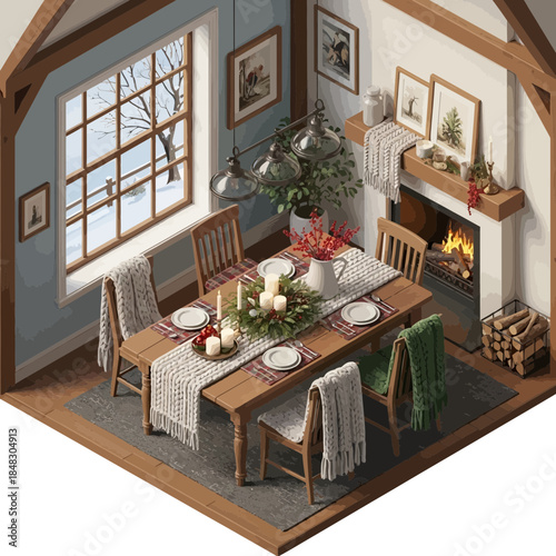 Cozy rustic dining room with large window, wooden furniture, and warm fireplace