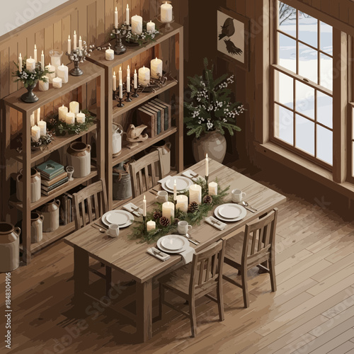 cozy rustic dining room with elegant table setting and decorative candles creating warm inviting