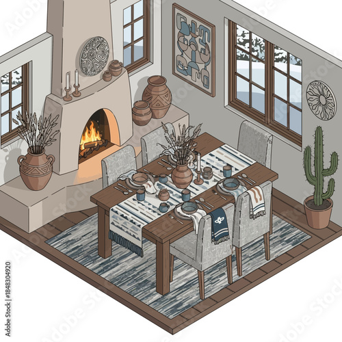Cozy rustic dining room with fireplace large windows potted plants and stylish decor