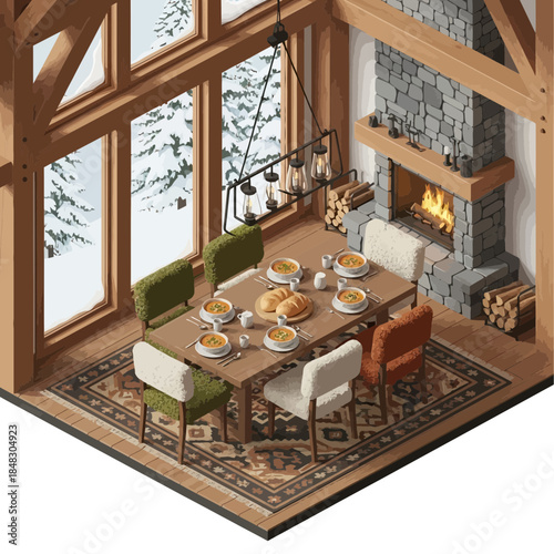 Cozy rustic dining room with large windows fireplace and elegant table setup