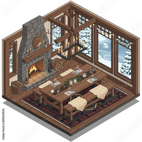 Cozy rustic dining room with large windows overlooking snowy forest scene