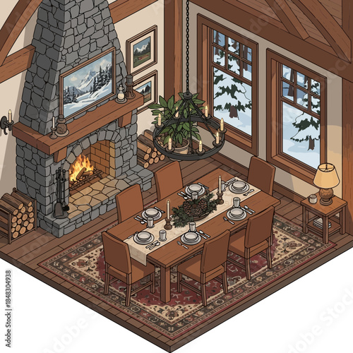 Cozy rustic dining room with large windows overlooking snowy landscape and roaring fireplace