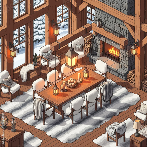 Cozy rustic dining room with large wooden table and stone fireplace during winter