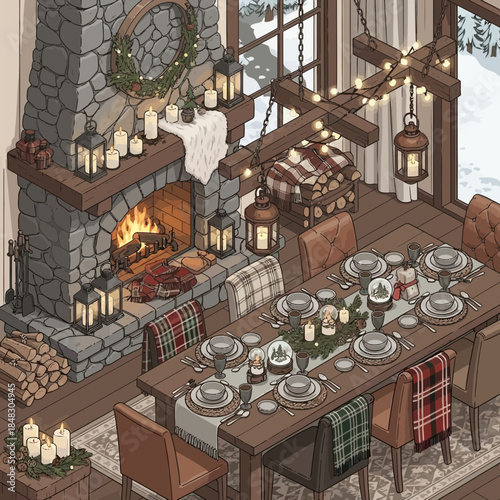 Cozy rustic dining room with stone fireplace and ambient candle lighting for intimate gatherings