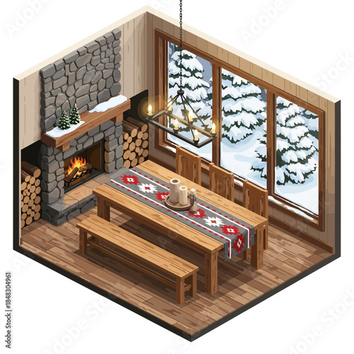 cozy rustic indoor dining room with fireplace and large window view of snowy trees
