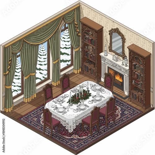 cozy vintage dining room with elegant curtains and classic fireplace