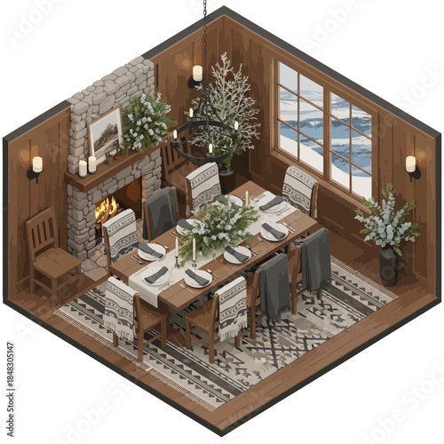 Cozy Christmas Dining Room with Festive Decor and Large Windows View