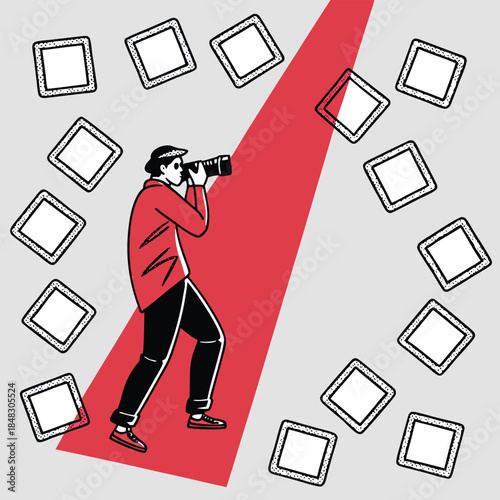 Photographer in red jacket taking picture surrounded by empty square frames camera photography