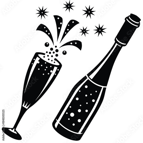 Stylized silhouette of a champagne bottle and splashing bubbles, festive celebration, abstract, vector