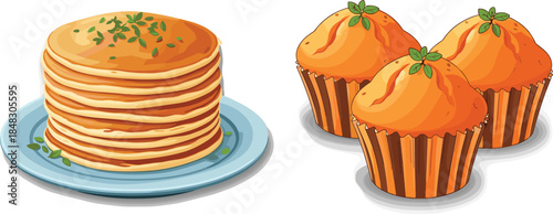 Vector set of sweet breakfast and dessert foods, featuring a high stack of pancakes and three orange-flavored muffins or cupcakes,