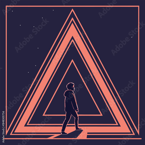 Silhouette of person walking into a large triangular portal at night Keywords: silhouette, person, walking, entering, portal, triangle, geometric