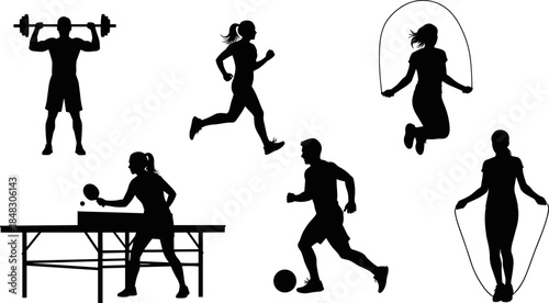 Active fitness and indoor-outdoor sports silhouettes vector illustration set; running, weightlifting, soccer, jump rope, and table tennis activities, athletic men and women performing workout, 