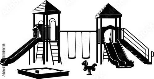 Black and White Kids Playground Vector Silhouette, Children's Park Equipment Graphic with Slides, Swings, Sandbox, and Spring Rider for Outdoor Activity and Leisure Design.