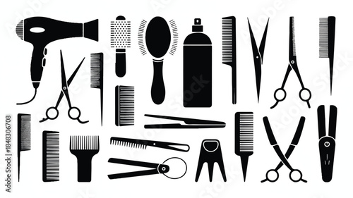 A black and white silhouette illustration of various hair styling and grooming tools arranged in a horizontal layout 
