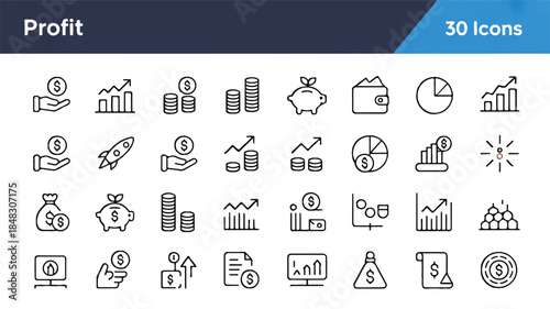 A set of 30 profit and finance icons arranged in a grid layout against a white background
