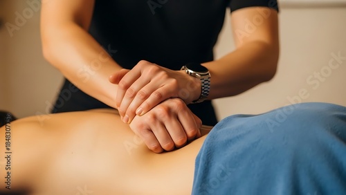 Therapist's hands performing a deep tissue massage on a client's lower back