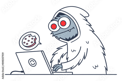 A furry creature uses a laptop while contemplating digital cookies