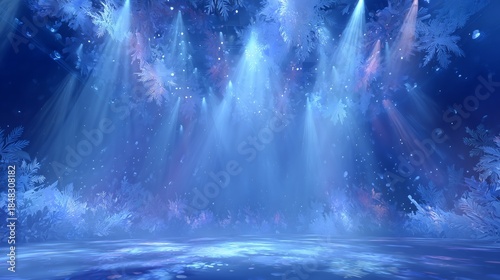 Ice, snow, and musical notes on stage, winter Christmas party concert music festival