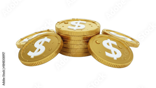 Golden Dollar Coins Stacked and Scattered on White Background