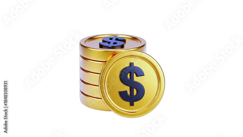 Golden Dollar Coins Stacked on White Background