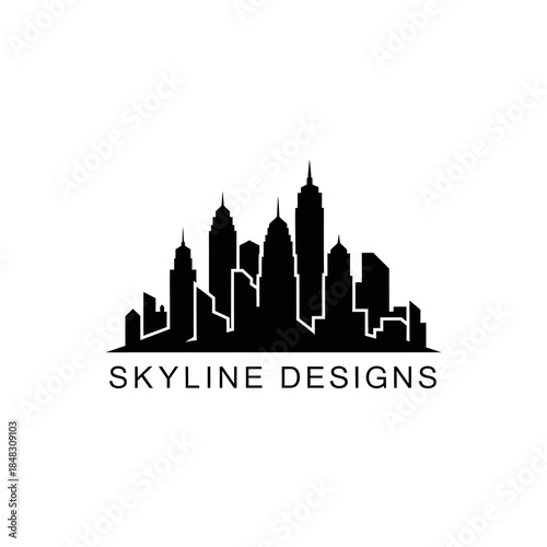 Black silhouette of a city skyline with various buildings and skyscrapers.