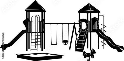 Black and white silhouette vector illustration of an outdoor playground set with swings, slides, a sandbox, and climbing structure for children's play and recreation.