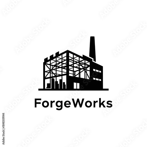 ForgeWorks Industrial Building Logo Design with Chimney and Structural Elements.