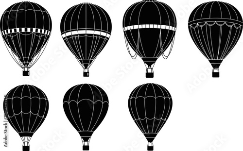 Black and white silhouette vector set of different hot air balloons, depicting aerial travel, adventure, tourism, flight, and exploration graphics for decoration and design elements.