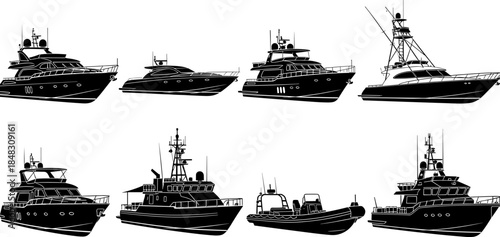 Black and white silhouette vector set of different yachts, cruisers, patrol, and luxury boats, depicting marine travel, water transport, sea vacation, and ocean vessel icons.