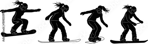 Black and white silhouette vector set of female snowboarders riding in various poses, depicting extreme winter sport, active leisure, freedom, and mountain slope recreation icons.