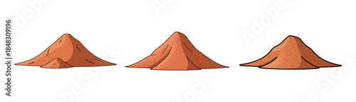 Three sand dunes stand tall in a serene desert landscape viewed from a distance.