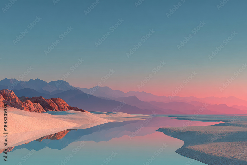 Fototapeta premium A minimalist landscape with soft sand dunes, calm water, and multi-layered mountain ranges on the horizon. 