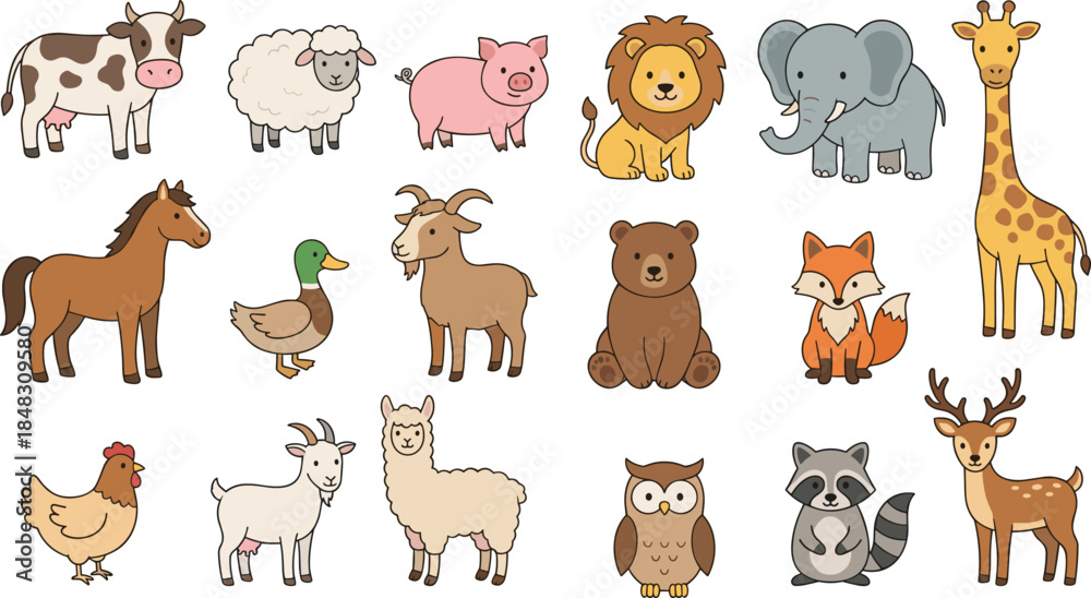 Obraz premium Cute cartoon farm and wild animal illustration set with cow, sheep, lion, elephant, giraffe, fox and forest animals