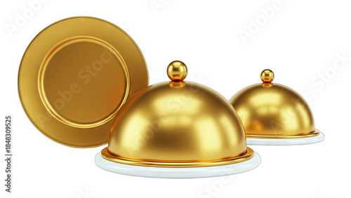 Golden Plates and Cloches Isolated on White Background