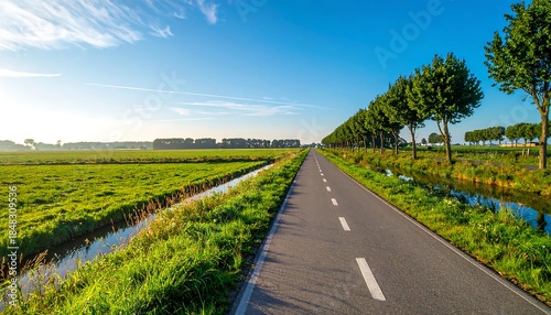 Peaceful Morning Light over a Country Road Lined with Trees and Canals
