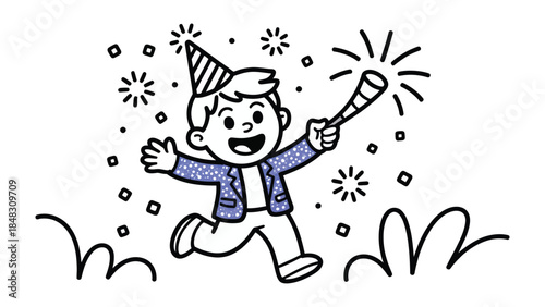 Celebratory Joy: a whimsical illustration of a lively child in a celebratory atmosphere, the scene is a blur of merriment, featuring a child fully immersed in joy. 