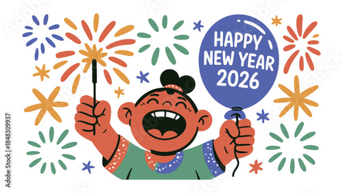 New Year's Celebration: A joyous illustration of a person celebrating New Year's Eve, surrounded by fireworks and holding a Happy New Year 2026 balloon.
