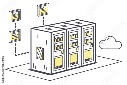 Data Center Server Racks Storing Information with Cloud Connectivity