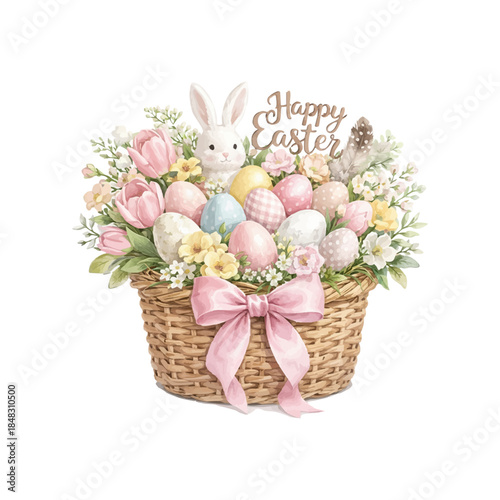 Cute Easter basket with pastel eggs, spring flowers and bunny, watercolor style vector illustration isolated on white background. Perfect for Easter cards, invitations, prints and holiday designs.
