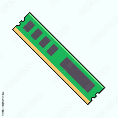Flat vector illustration of a computer RAM memory module with green PCB.eps