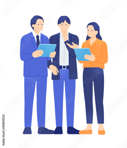 DX・ペーパーレス化。女性の提案をタブレットで議論、検討するビジネスパーソンのイラスト素材。