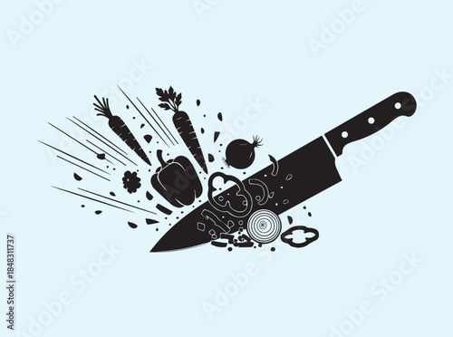 Black Chef Knife Silhouette Showing Fast Vegetable Chopping Motion
