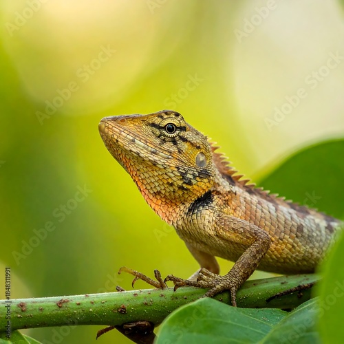 Oriental Garden Lizard Perched on a Green Branch in Natural Habitat