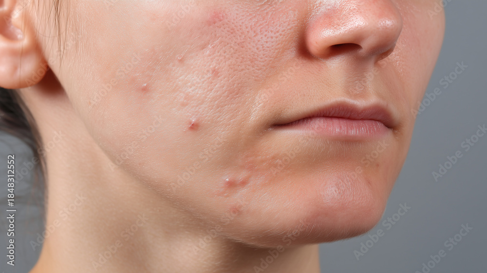 Obraz premium Closeup of young woman with visible acne, pimples, and skin imperfections on her cheek and chin, showing natural skin texture and pores on neutral background