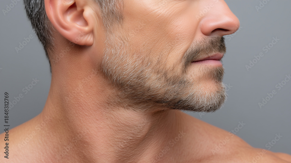 Fototapeta premium Matte male jawline with crisp texture detail, closeup of mature man with stubble beard, healthy skin, neutral grey background, confident expression