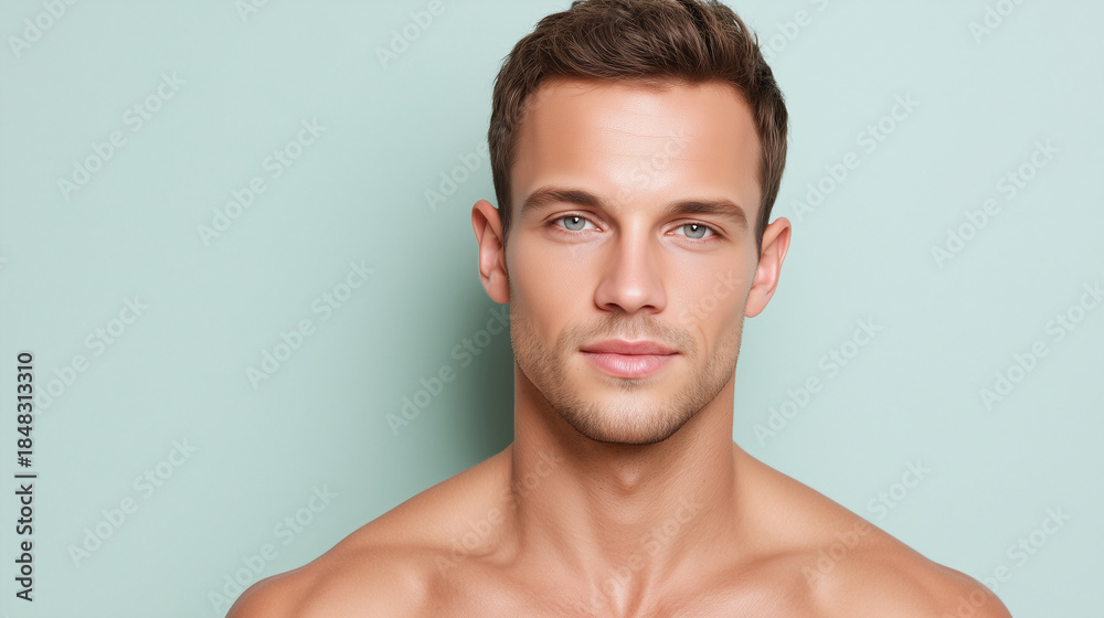 Fototapeta premium Handsome male with soft glowing pores, clean symmetry, clear skin, blue eyes, short brown hair, and confident expression against light background