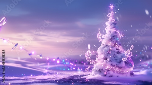 Purple pink Christmas tree and music notes, winter Christmas party concert music festival, KPop style