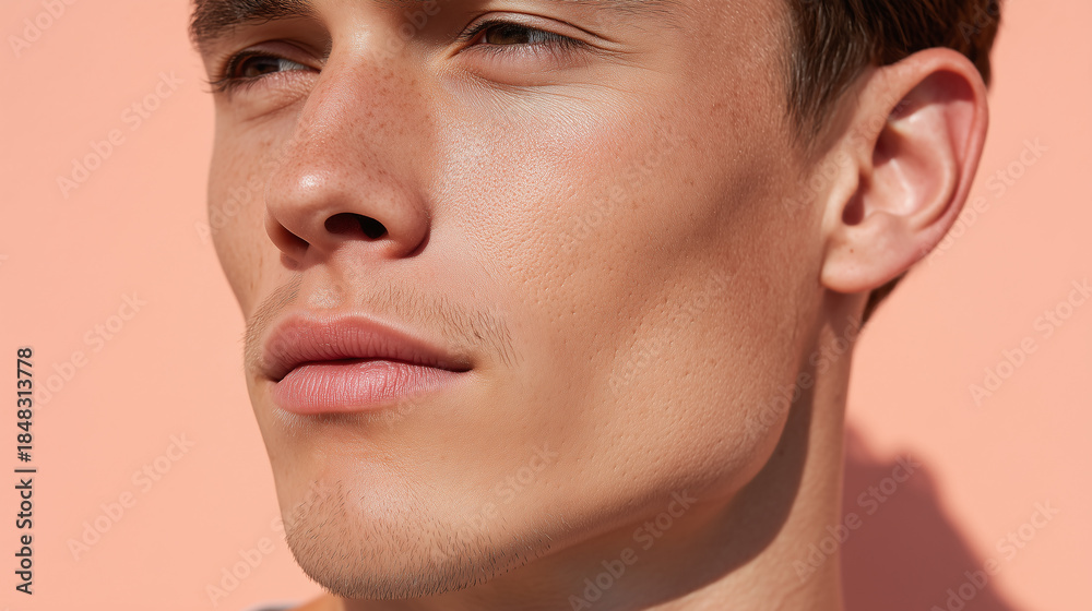 Obraz premium Sun kissed soft bronzed male cheek close up with smooth skin and pastel peach background, natural light highlights youthful and healthy complexion